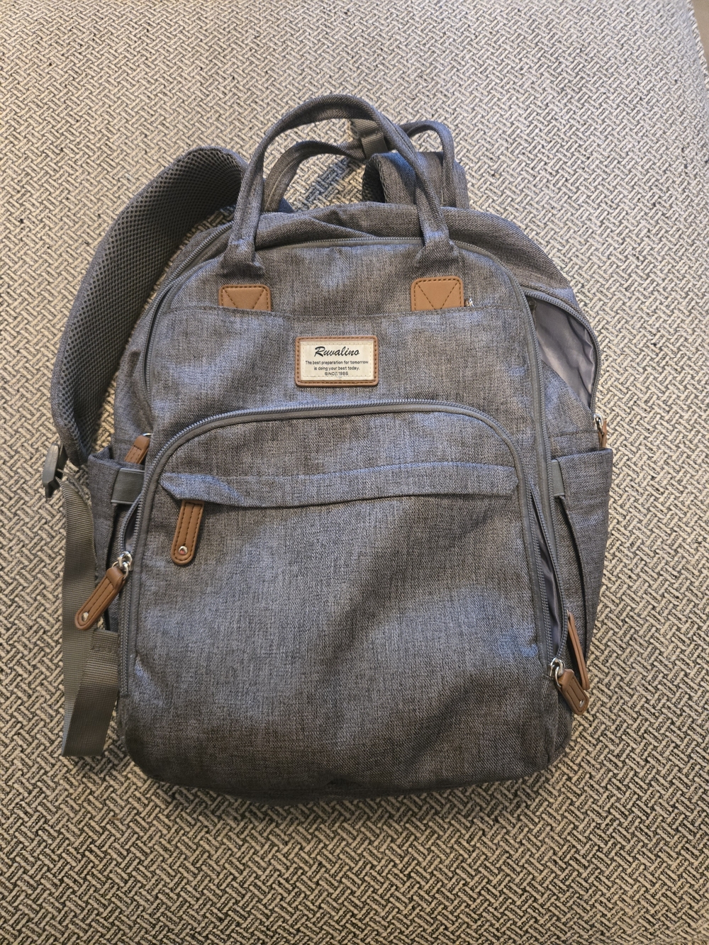Rivalino Gray Diaper Backpack with Brown Trim